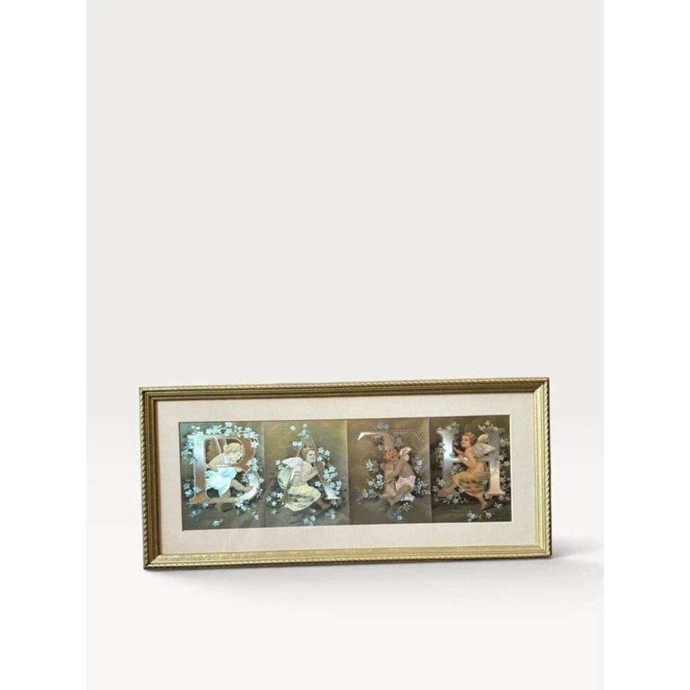 Vintage Victorian Cherub "BATH" Foil Art Framed Print